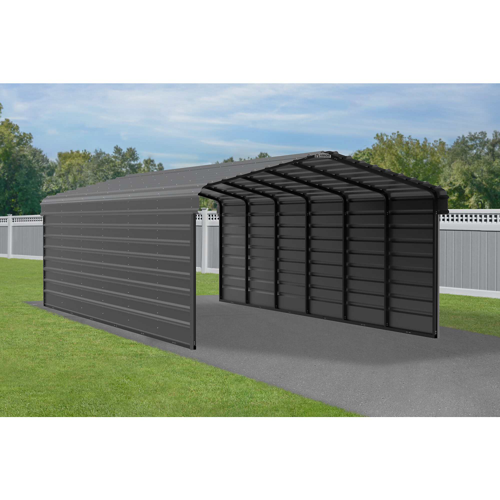 Arrow, Steel Carport w/ 2 Side Wall Kits 12X29X7 Width 146 in, Height 102 in, Cover Material Steel, Model# CPHC122907ECL2